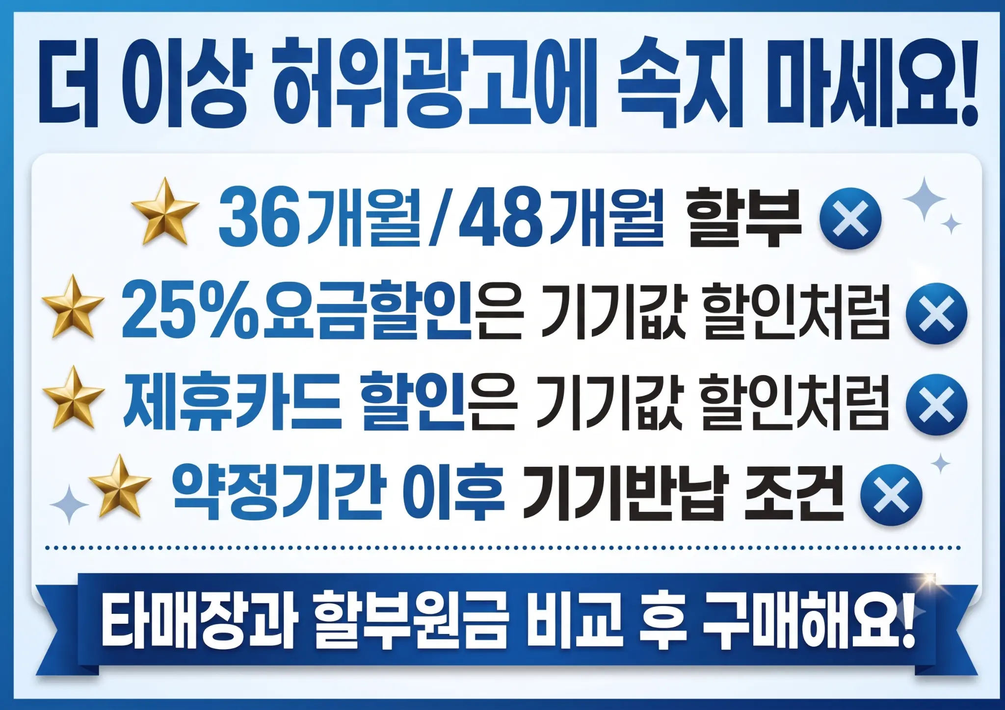 더 이상 허위광고에 속지 마세요. 36개월·48개월 할부, 요금할인·제휴카드 할인을 기기값 할인처럼 안내하는 조건 주의